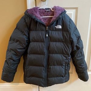 The North Face Puffer Jacket. Black with purple interior. Junior Large 14/16